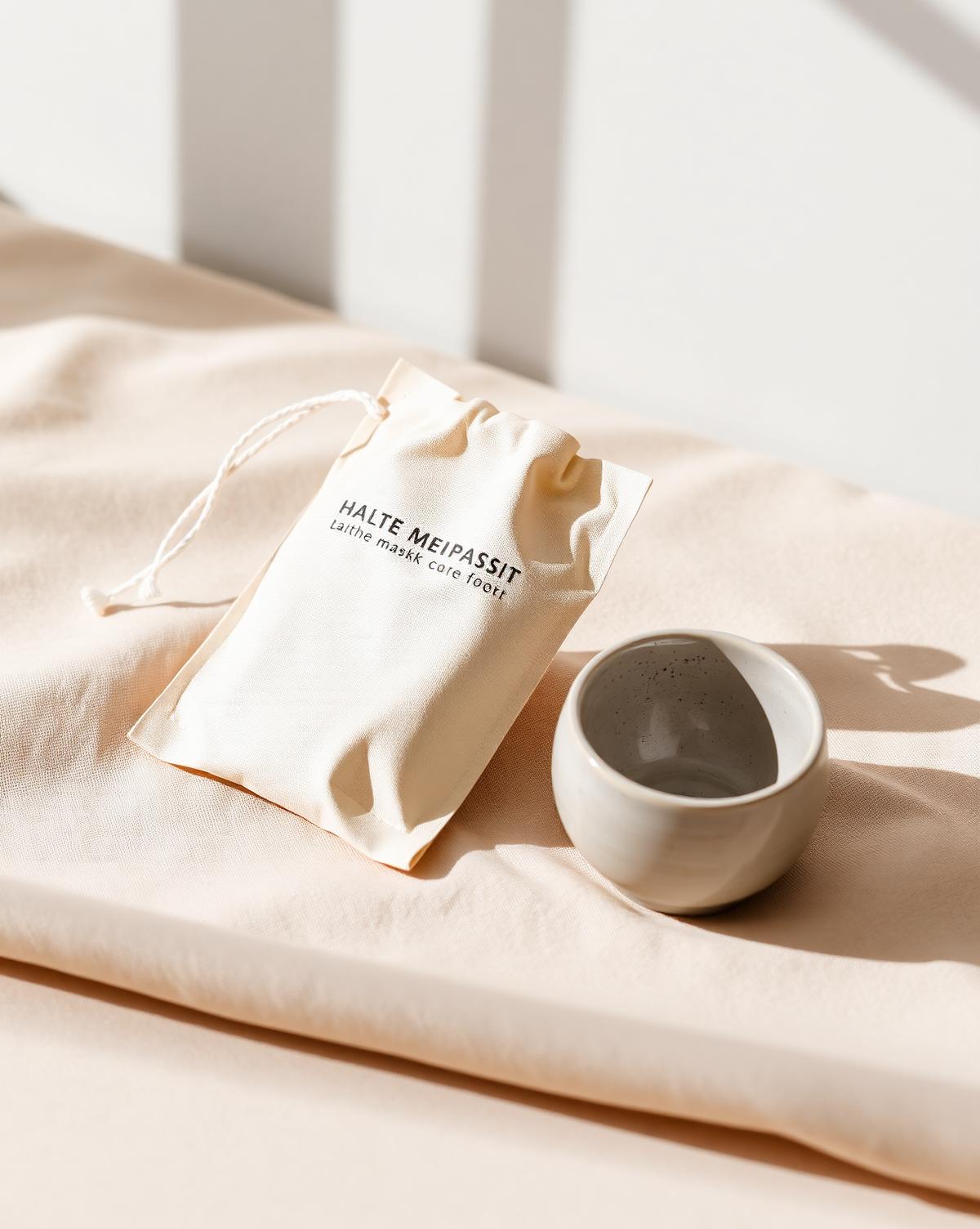 Pochette de masque Maskea et bol en céramique sur du lin